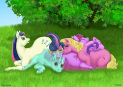 Size: 1039x736 | Tagged: safe, artist:soobel, derpibooru import, amethyst star, berry punch, berryshine, bon bon, cherry berry, derpy hooves, lyra heartstrings, sweetie drops, earth pony, pegasus, pony, unicorn, background pony, cuddle puddle, cuddling, female, looking at you, mare, pony pile