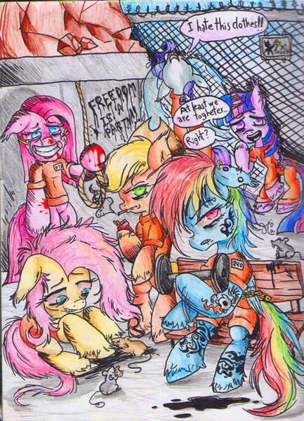 Size: 1248x1728 | Tagged: grimdark, artist:chibiwendy, derpibooru import, applejack, fluttershy, pinkie pie, rainbow dash, rarity, twilight sparkle, twilight sparkle (alicorn), alicorn, pony, female, mane six, mare, pinkamena diane pie, prison