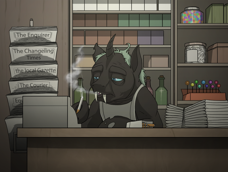 Size: 1505x1137 | Tagged: artist:mickeymonster, cash register, changeling, changeling oc, cigarette, derpibooru import, fanfic art, fanfic:citizen weevil, lollipop, male, newspaper, oc, oc:weevil, safe, shopkeeper, smoking, solo, tired eyes, unofficial characters only