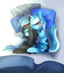 Size: 2338x2667 | Tagged: artist:oddends, bed, cuddling, derpibooru import, female, hug, male, oc, oc:midnight light, oc:snow sailor, pillow, safe, snolight, snuggling, straight, unofficial characters only
