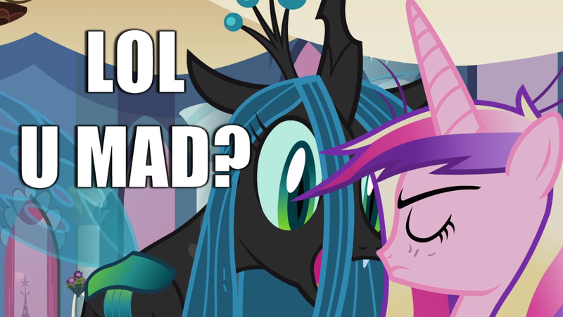 Size: 1366x768 | Tagged: caption, derpibooru import, edit, image macro, lol, meme, princess cadance, queen chrysalis, safe, u mad