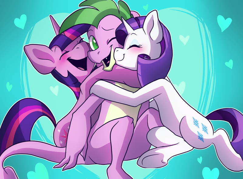 Size: 1280x944 | Tagged: safe, artist:pixel-prism, derpibooru import, rarity, spike, twilight sparkle, twilight sparkle's secret shipfic folder, blushing, eyes closed, female, heart, hug, lesbian, lesbian in front of boys, lucky bastard, male, nuzzling, older, older spike, open mouth, ot3, polyamory, rarilight, shipping, sitting, smiling, sparity, spike gets all the mares, spikelove, straight, twisparity, twispike, underhoof, wink