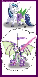 Size: 3508x7087 | Tagged: safe, artist:dinodraketakethecake, derpibooru import, shining armor, spike, badass, cute, epic, glowing horn, hilarious in hindsight, lance, necklace, ponies riding dragons, saddle, spikabetes, thought bubble, winged spike