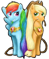 Size: 1024x1229 | Tagged: applejack, artist:carolynmaples, derpibooru import, element of honesty, element of loyalty, mouth hold, rainbow dash, rope, safe