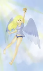 Size: 1100x1800 | Tagged: artist:sillycheery, barefoot, clothes, derpibooru import, derpy hooves, feet, gray underwear, human, humanized, muffin, panties, shirt, suggestive, toes, underwear, winged humanization