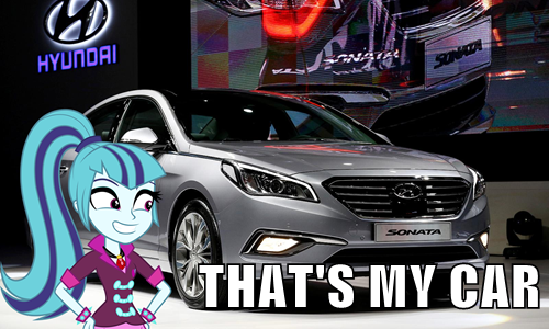 Size: 500x300 | Tagged: safe, derpibooru import, edit, sonata dusk, equestria girls, rainbow rocks, car, female, grin, hands on hip, hyundai, hyundai sonata, meme, namesake, ponytail, pun, smiling, solo, that's my x