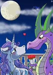 Size: 1024x1448 | Tagged: safe, artist:dinodraketakethecake, derpibooru import, princess luna, rarity, spike, female, flower, male, moon, older, older spike, shipper on deck, shipping, sparity, straight, voyeur