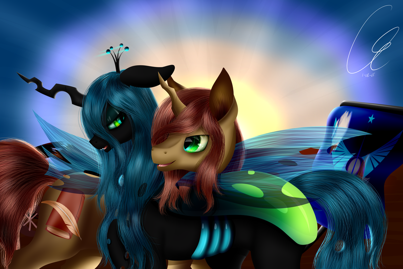 Size: 4320x2880 | Tagged: safe, artist:crazyaniknowit, derpibooru import, queen chrysalis, oc, oc:poisoned soul, canon x oc, changelingified, chrysalislover, female, male, shipping, straight