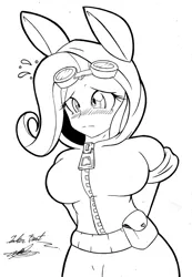 Size: 1024x1481 | Tagged: adorasexy, artist:thearcano13, blushing, breasts, bunny ears, busty fluttershy, clothes, costume, cute, dangerous mission outfit, derpibooru import, female, fluttershy, goggles, hoodie, human, humanized, monochrome, safe, sexy, simple background, solo, white background