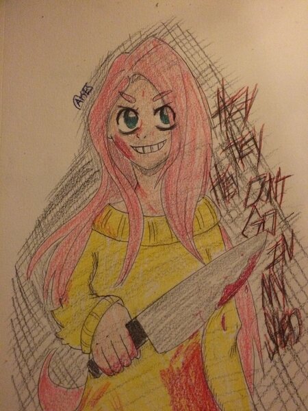 Size: 1024x1365 | Tagged: artist:oc-cakes, blood, clothes, derpibooru import, fluttershed, fluttershy, human, humanized, .mov, semi-grimdark, shed.mov, solo, sweatershy, traditional art