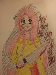 Size: 1024x1365 | Tagged: artist:oc-cakes, blood, clothes, derpibooru import, fluttershed, fluttershy, human, humanized, .mov, semi-grimdark, shed.mov, solo, sweatershy, traditional art