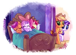 Size: 2150x1550 | Tagged: safe, artist:whitediamonds, derpibooru import, apple bloom, applejack, rarity, scootaloo, sweetie belle, earth pony, pony, unicorn, adorabloom, bed, bow, cute, cutealoo, cutie mark crusaders, diasweetes, eyes closed, female, filly, hair bow, hat, lesbian, mare, raised hoof, rarijack, rarijack daily, shipping, sleeping, smiling