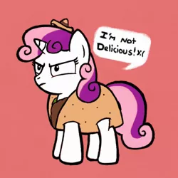 Size: 900x900 | Tagged: artist:sheandog, blatant lies, clothes, costume, cute, denial, derpibooru import, diasweetes, i'm not cute, pony as food, safe, solo, sweetie belle, taco, taco belle, taco suit