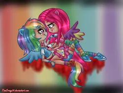 Size: 640x480 | Tagged: grimdark, artist:tinacrazy29, derpibooru import, pinkie pie, rainbow dash, human, fanfic:cupcakes, fanfic:rainbow factory, eared humanization, female, humanized, knife, lesbian, pinkamena diane pie, pinkiedash, shipping, winged humanization