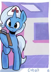 Size: 1500x2124 | Tagged: safe, artist:fauxsquared, derpibooru import, oc, oc:cobalt, unofficial characters only, pony, unicorn, clipboard, commission, hat, male, not trixie, nurse, nurse hat, raised hoof, solo, stallion