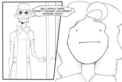 Size: 1000x667 | Tagged: artist:bakuhaku, carrot cake, comic, comic:friendship is dirty, derpibooru import, explicit source, grayscale, grin, human, humanized, :i, monochrome, oh crap, pinkie pie, poker face, safe, smiling, stealth sex, wide eyes