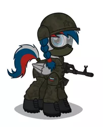 Size: 648x797 | Tagged: ak-47, ak-74, artist:cogwheel98, boots, camouflage, clothes, derpibooru import, goggles, helmet, military, nation ponies, oc, oc:marussia, russia, russian army, russian flag, safe, solo, uniform, unofficial characters only