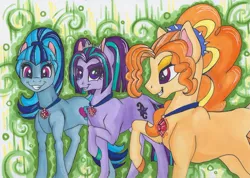 Size: 1279x911 | Tagged: dead source, safe, artist:pony-paint, derpibooru import, adagio dazzle, aria blaze, sonata dusk, ponified, earth pony, pony, equestria girls, rainbow rocks, equestria girls ponified, female, gem, grin, mare, raised hoof, siren gem, the dazzlings, traditional art