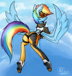 Size: 1600x1678 | Tagged: artist:ho7y5hoxx, clothes, crossover, derpibooru import, goggles, overwatch, plot, rainbow dash, rainbow tracer, solo, suggestive, tracer