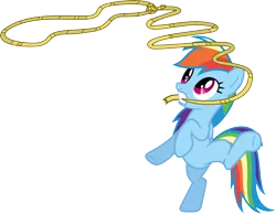Size: 3565x2769 | Tagged: safe, artist:porygon2z, derpibooru import, rainbow dash, pegasus, pony, bipedal, female, lasso, mare, mouth hold, rope, simple background, solo, standing, standing on one leg, transparent background, underhoof, vector