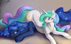 Size: 3000x1856 | Tagged: safe, artist:silfoe, derpibooru import, princess celestia, princess luna, alicorn, pony, royal sketchbook, cute, cutelestia, female, lying on top of someone, mare, missing accessory, open mouth, pony pile, raspberry, sillestia, silly, silly pony, sisters, tongue out