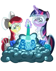 Size: 4500x5700 | Tagged: safe, artist:template93, derpibooru import, apple bloom, twilight sparkle, twilight sparkle (alicorn), alicorn, pony, absurd resolution, clothes, female, glow, goggles, grin, lab coat, magic, mare, poison joke, science, smiling, smoke, squee, telekinesis