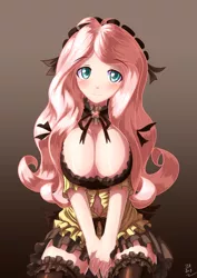 Size: 2894x4093 | Tagged: adorasexy, artist:s1k bo1, belly button, big breasts, blushing, breasts, busty fluttershy, cleavage, clothes, cute, derpibooru import, dress, female, fluttershy, gradient background, human, humanized, looking at you, pixiv, sexy, simple background, skirt, smiling, solo, solo female, suggestive