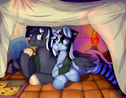 Size: 2700x2085 | Tagged: artist:bigmuffintosh, clothes, derpibooru import, gay, hat, hug, in love, lava lamp, male, oc, oc:muffintosh, oc:taylorpone, pillow fort, pizza, safe, scarf, shipping, snuggling, socks, striped socks, unofficial characters only, winghug