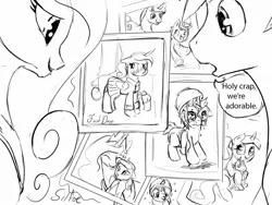 Size: 1280x960 | Tagged: safe, artist:silfoe, derpibooru import, night light, princess cadance, princess celestia, shining armor, smarty pants, alicorn, pony, unicorn, royal sketchbook, blushing, bowl, colt, colt shining armor, cute, cutedance, dialogue, duo, duo male and female, female, filly, filly cadance, foal, food, grayscale, happy, male, mare, messy, monochrome, pasta, photo, shining adorable, signature, silfoe is trying to murder us, sketch, smiling, spaghetti, stallion, vuldorable, vulgar, young, younger