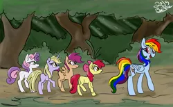 Size: 2105x1298 | Tagged: apple bloom, artist:peanutbuttersqaures, cutie mark crusaders, dinky hooves, mentally advanced series, rainbow dash, rainbow dash presents, safe, scootaloo, sweetie belle, thrackerzod, tree