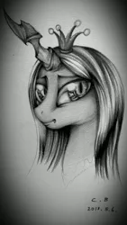 Size: 1840x3264 | Tagged: artist:coke-brother, changeling, changeling queen, derpibooru import, female, looking at you, queen chrysalis, safe, solo, traditional art