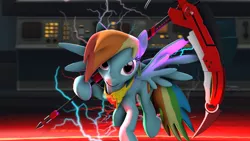 Size: 1191x670 | Tagged: 3d, artist:halotkl, crescent rose, crossover, derpibooru import, element of loyalty, rainbow dash, ruby rose, rwby, safe, scythe