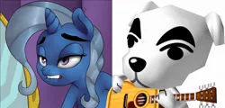 Size: 1200x577 | Tagged: safe, artist:shdingo, derpibooru import, trixie, pony, unicorn, animal crossing, female, k.k. slider, mare, thick eyebrows