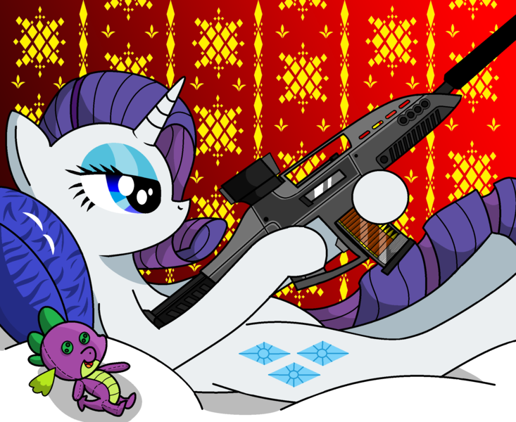 Size: 2200x1800 | Tagged: artist:tuffylive, assault rifle, derpibooru import, gun, plushie, rarity, rifle, safe, solo, spike, spike plushie, suppressor, xm8