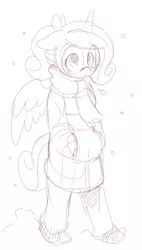 Size: 484x850 | Tagged: adorkable, anthro, artist:ende26, blushing, clothes, coat, cute, cutedance, derpibooru import, dork, floppy ears, glasses, grayscale, jacket, looking up, monochrome, princess cadance, safe, scarf, snow, snowfall, solo, walking, winter