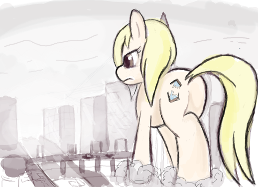 Size: 518x376 | Tagged: safe, artist:woox, derpibooru import, oc, oc:dizzy cream, unofficial characters only, pony, city, flockmod, giant pony, macro, solo, walking