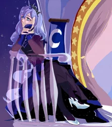 Size: 800x900 | Tagged: artist:gan-91003, balcony, clothes, derpibooru import, dress, human, humanized, princess luna, safe, solo