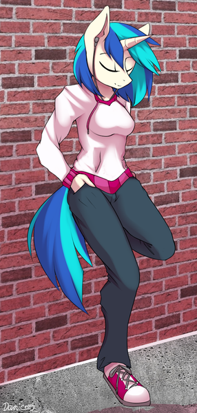 Size: 542x1138 | Tagged: safe, artist:daxhie, derpibooru import, vinyl scratch, anthro, plantigrade anthro, unicorn, against wall, brick wall, clothes, earbuds, eyes closed, female, leaning, smiling