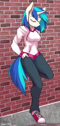 Size: 542x1138 | Tagged: safe, artist:daxhie, derpibooru import, vinyl scratch, anthro, plantigrade anthro, unicorn, against wall, brick wall, clothes, earbuds, eyes closed, female, leaning, smiling