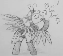 Size: 1280x1135 | Tagged: safe, artist:thedragenda, derpibooru import, oc, oc:bee, unofficial characters only, bee, changeling, changeling oc, clothes, costume, eyes closed, microphone, monochrome, singing, solo, traditional art