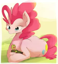 Size: 1280x1421 | Tagged: safe, artist:purple-yoshi-draws, artist:rustydooks, color edit, derpibooru import, edit, pinkie pie, oc, oc:anon, pony, colored, cuddling, cute, giant pony, giantess, happy, macro, prone, snuggling