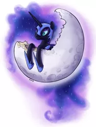 Size: 751x1000 | Tagged: artist:king-kakapo, cheese, crescent moon, derpibooru import, eating, edible heavenly object, leaning, lidded eyes, moon, nightmare moon, safe, smiling, solo, tangible heavenly object