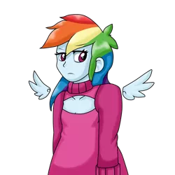 Size: 1000x1000 | Tagged: safe, artist:stockingstreams, derpibooru import, rainbow dash, equestria girls, breasts, clothes, delicious flat chest, female, floating wings, frown, keyhole turtleneck, open-chest sweater, solo, sweater, turtleneck, unamused, wings