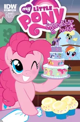 Size: 688x1044 | Tagged: safe, artist:marybellamy, derpibooru import, idw, applejack, derpy hooves, fluttershy, pinkie pie, rainbow dash, rarity, spike, twilight sparkle, twilight sparkle (alicorn), alicorn, pony, cake, cover art, cupcake, female, idw advertisement, mane seven, mane six, mare, official art, retailer incentive