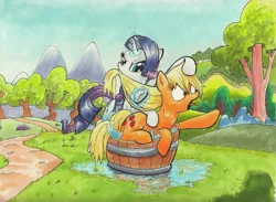 Size: 1165x851 | Tagged: safe, artist:kittyhawk-contrail, derpibooru import, applejack, rarity, earth pony, pony, unicorn, andy price style, bath, bathing, biting, brush, brushie, brushing, bucket, cute, faic, female, forced bathing, frown, glare, hair pulling, help, i can't believe it's not idw, levitation, magic, mare, markers, mouth hold, outdoors, prone, silly, silly pony, splashing, struggling, style emulation, telekinesis, tongue out, traditional art, tree, water, wet, wet mane, wide eyes