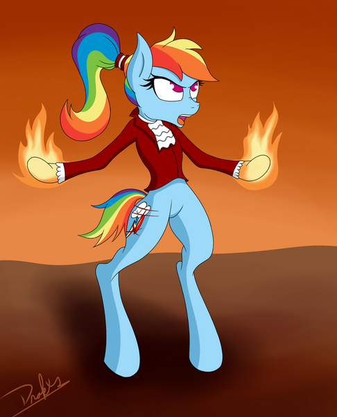 Size: 1036x1280 | Tagged: safe, artist:drakxs, derpibooru import, rainbow dash, pony, alternate hairstyle, angry, bipedal, clothes, edmond dantes, female, fire, hell to your doorstep, open mouth, ponytail, rainbow dantes, rainbow dash always dresses in style, short tail, singing, suit, the count of monte cristo