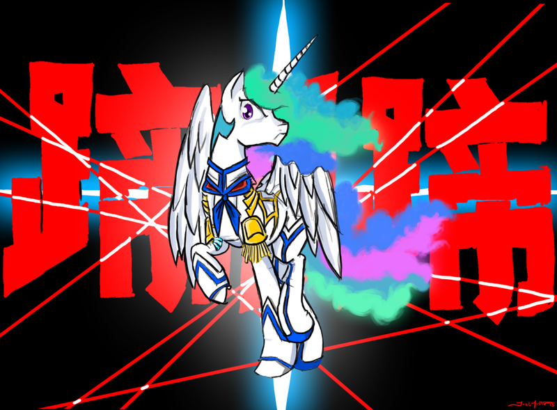 Size: 1280x942 | Tagged: safe, artist:masterjosh140, derpibooru import, princess celestia, alicorn, pony, anime, crossover, kamui, kill la kill, parody, satsuki kiryuin