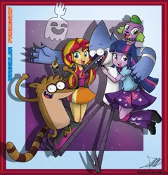 Size: 1182x1237 | Tagged: safe, artist:the-butch-x, derpibooru import, spike, sunset shimmer, twilight sparkle, twilight sparkle (alicorn), dog, equestria girls, rainbow rocks, crossover, high five ghost, mordecai, mordecai and rigby, regular show, rigby, spike the dog