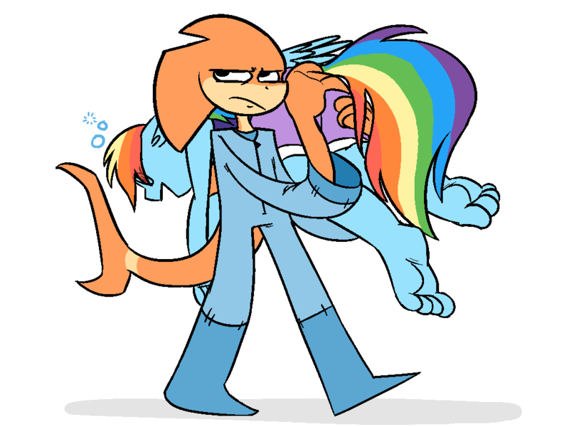 Size: 1024x768 | Tagged: anthro, anthro oc, artist:silverscarf, barefoot, butt touch, carrying, clothes, dashaholic, derpibooru import, drunk, drunker dash, feet, hand on butt, oc, plantigrade anthro, rainbow dash, safe, shark, shorts, soles, toes