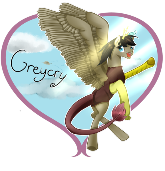 Size: 877x911 | Tagged: safe, artist:tinylittlewatermelon, derpibooru import, oc, oc:greycry, unofficial characters only, draconequus, pegasus, pony, female, flying, heart, mare, solo, wings